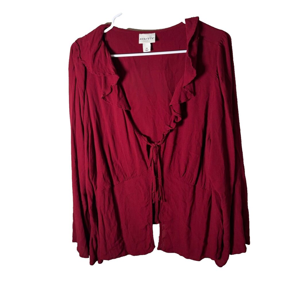 Ava & Viv Blouse Women's 2X Red Tie Open Long Sleeve Casual Shirt Top Ruffle